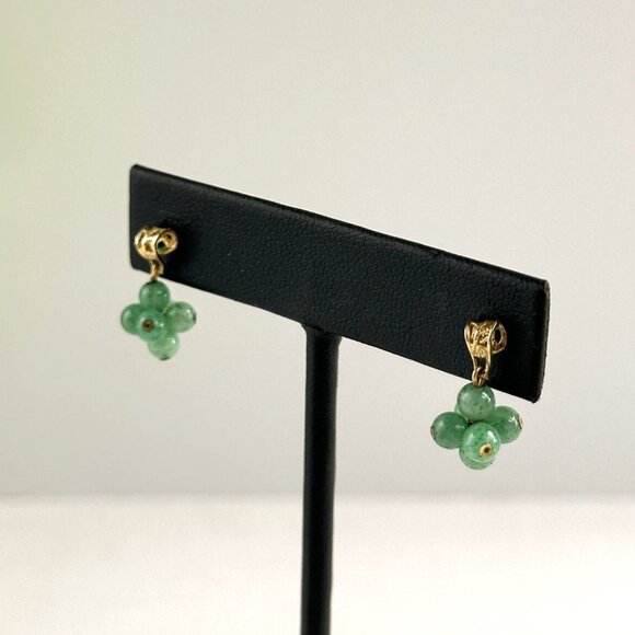 10K Gold Jade Drop Earrings, Real Green Beads - Picture 7 of 9